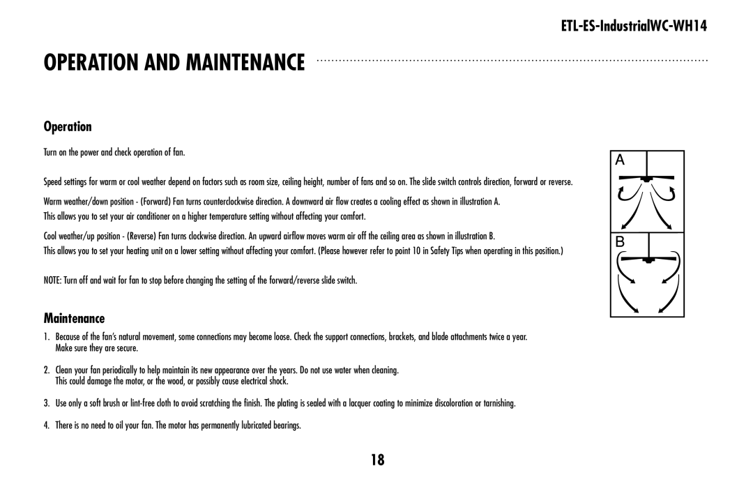 Westinghouse ETL-ES-IndustrialWC-WH14 owner manual Operation And Maintenance 